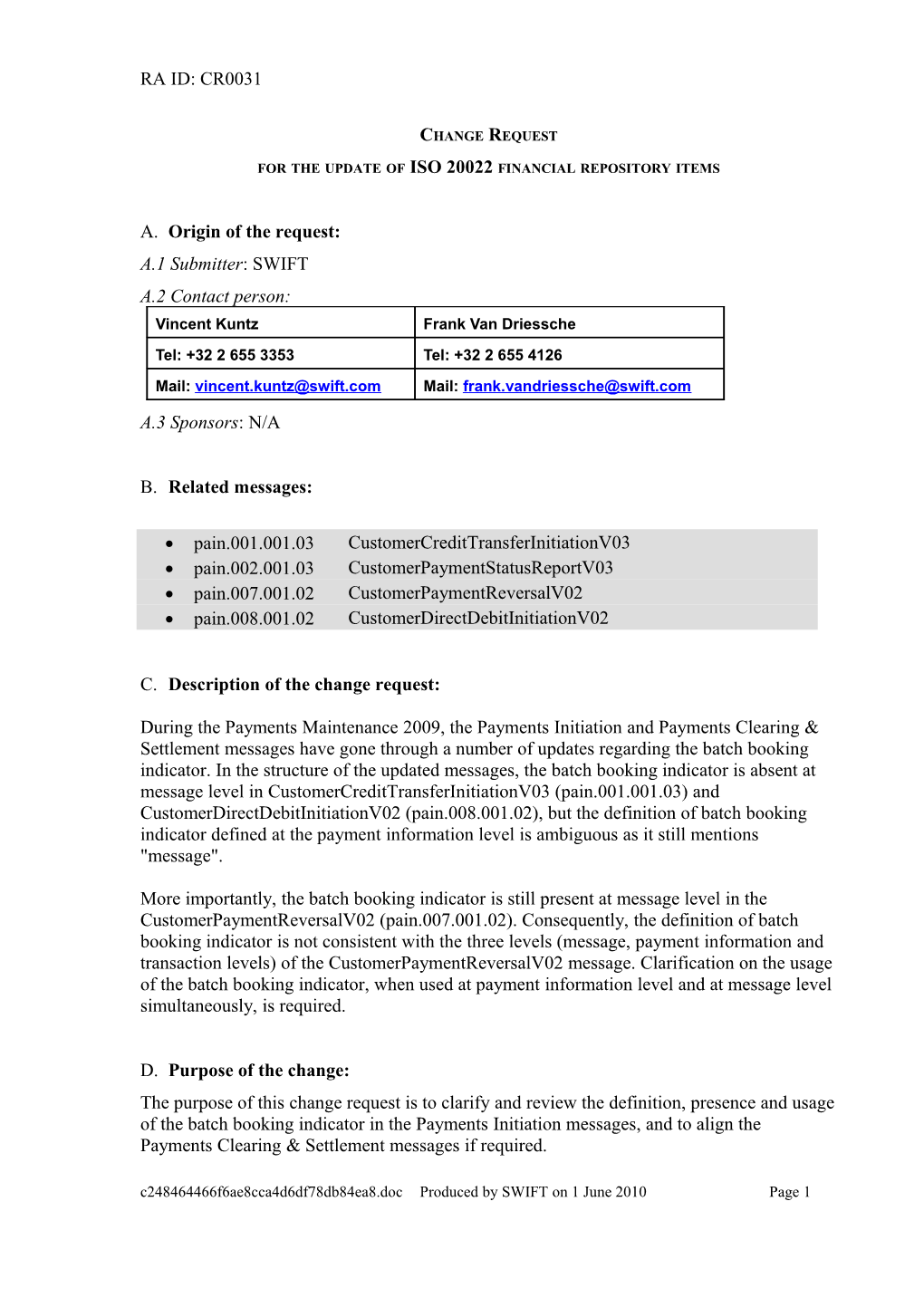 Change Request - Batch Booking Definition