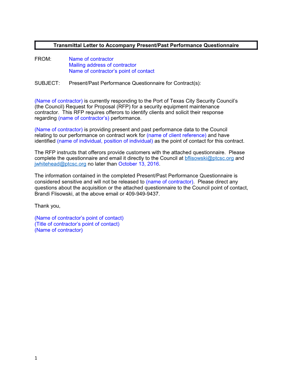 Transmittal Letter to Accompany Present/Past Performance Questionnaire