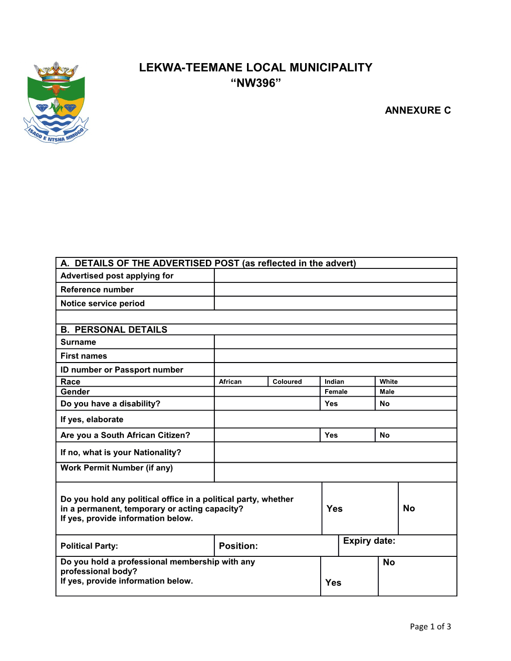 Lekwa-Teemane Local Municipality Nw396