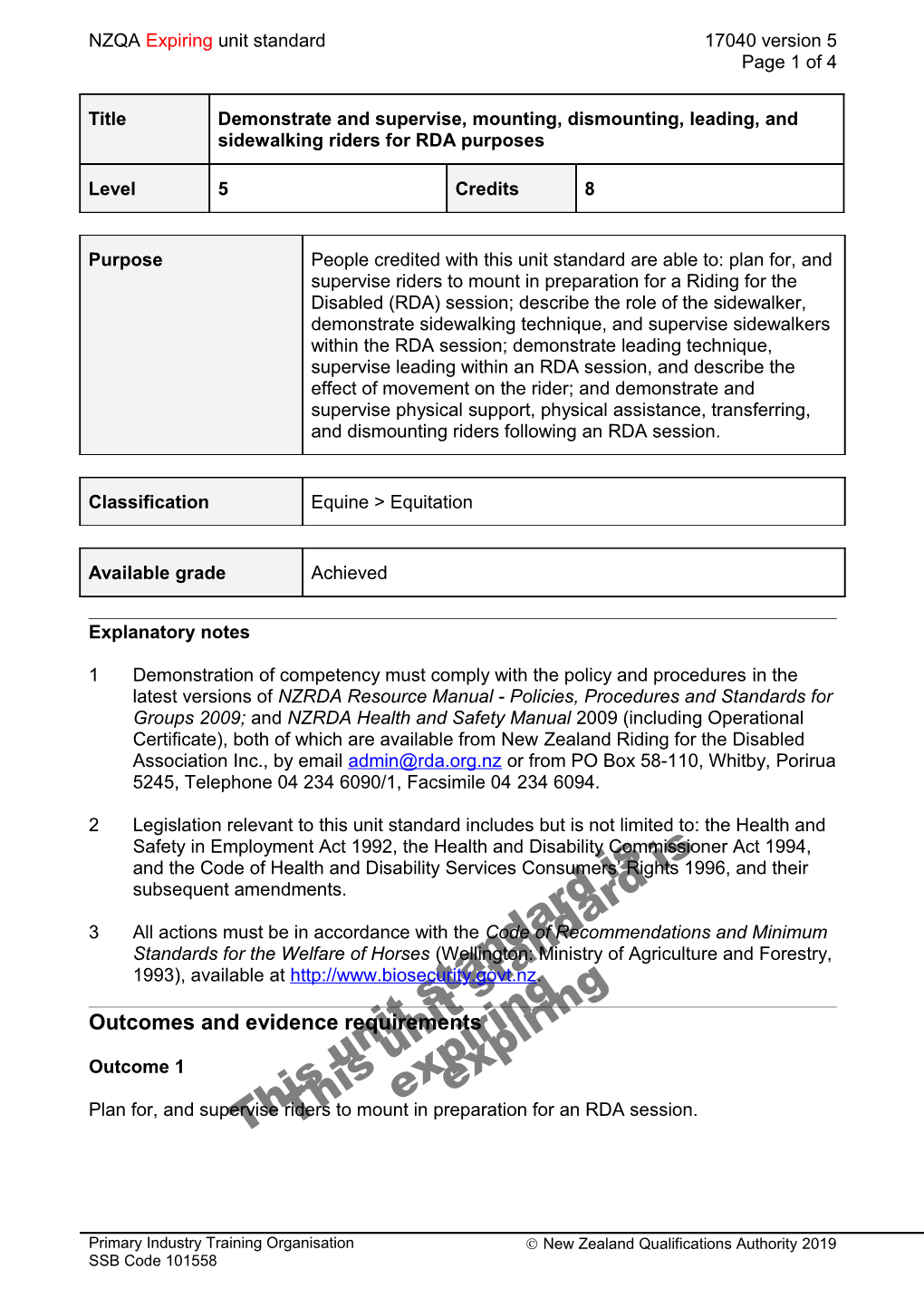 17040 Demonstrate and Supervise, Mounting, Dismounting, Leading, and Sidewalking Riders