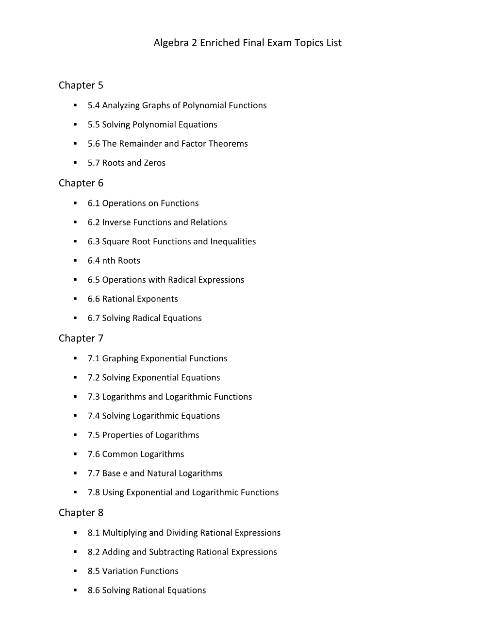 Algebra 2 Enriched Final Exam Topics List