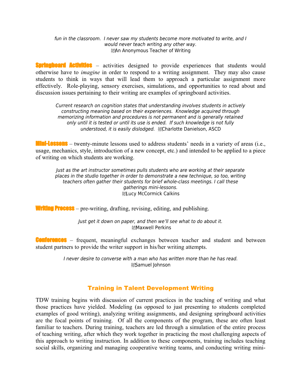Talent Development Writing Activities in Brief