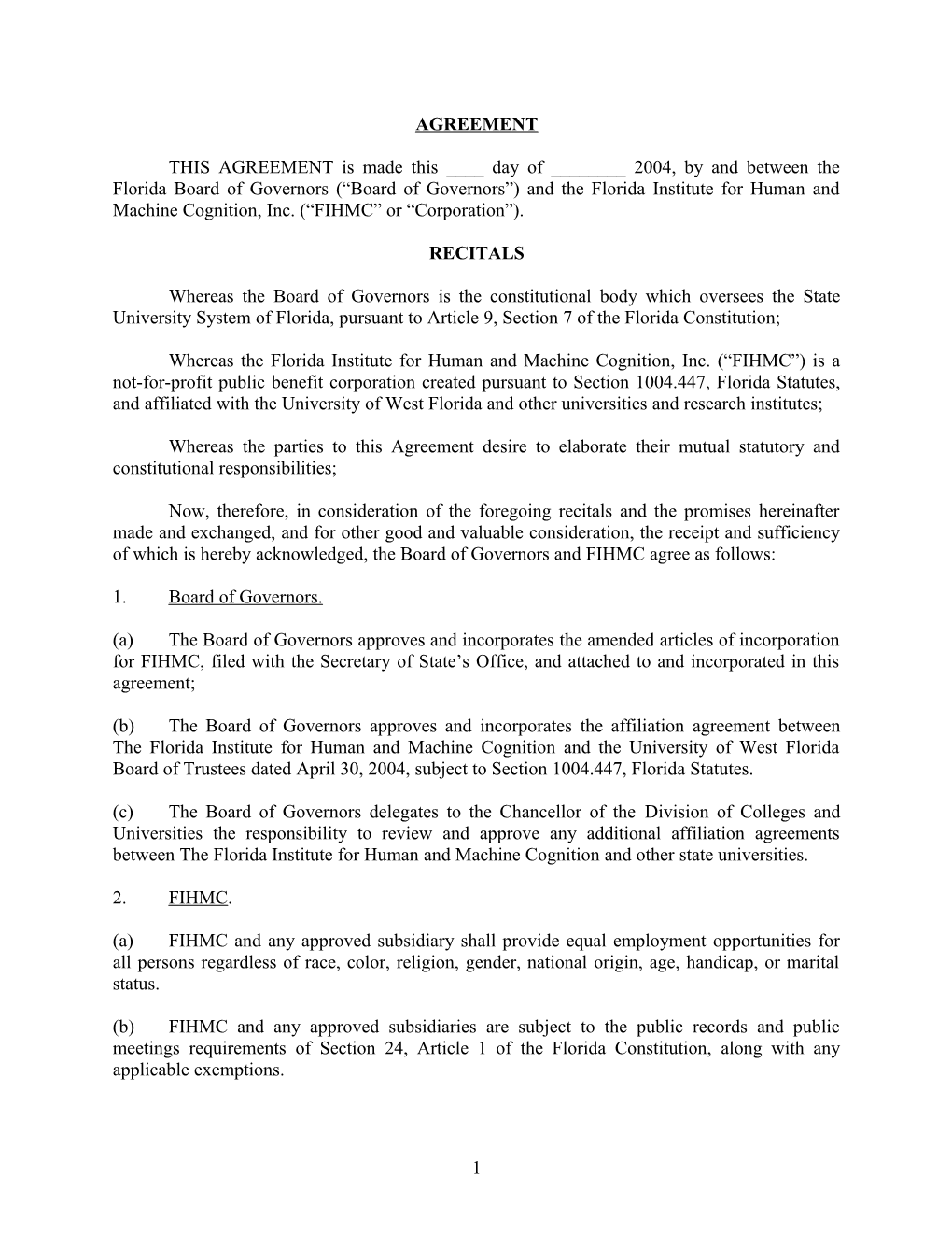Agreement Between the Florida Board of Governors