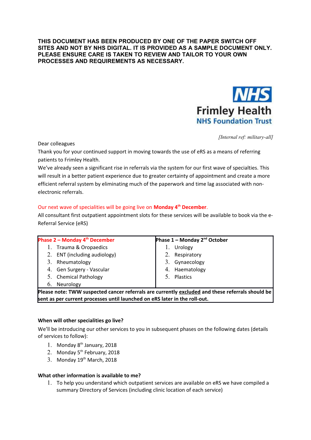 This Document Has Been Produced by One of the Paper Switch Off Sites and Not by Nhs Digital