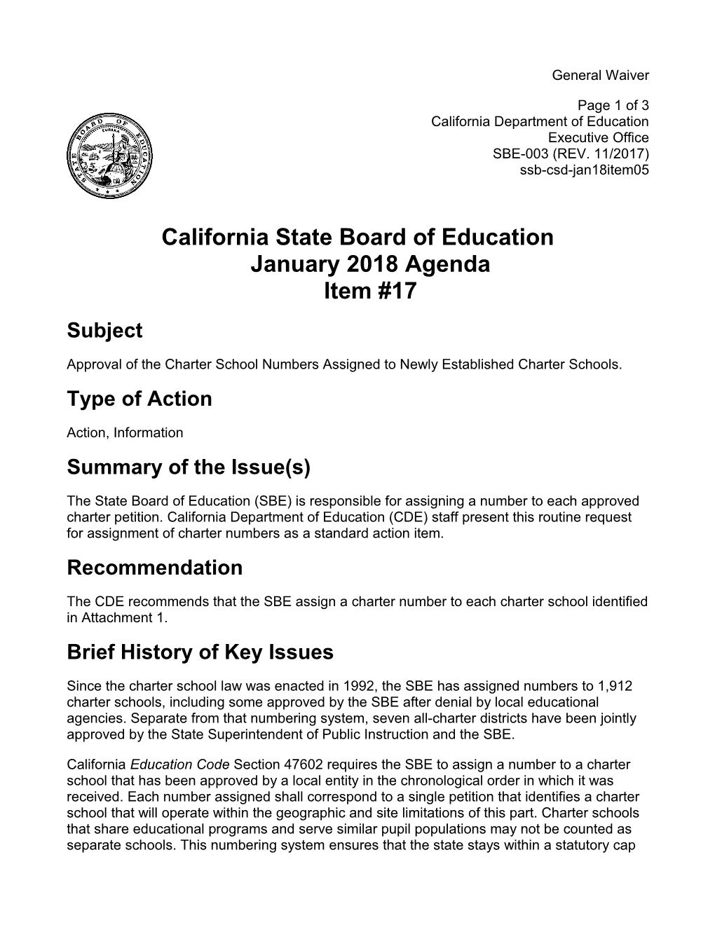 January 2018 Agenda Item 17 - Meeting Agendas (CA State Board of Education)