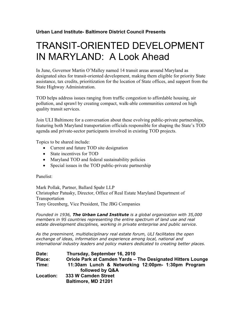 Urban Land Institute- Baltimore District Council Presents