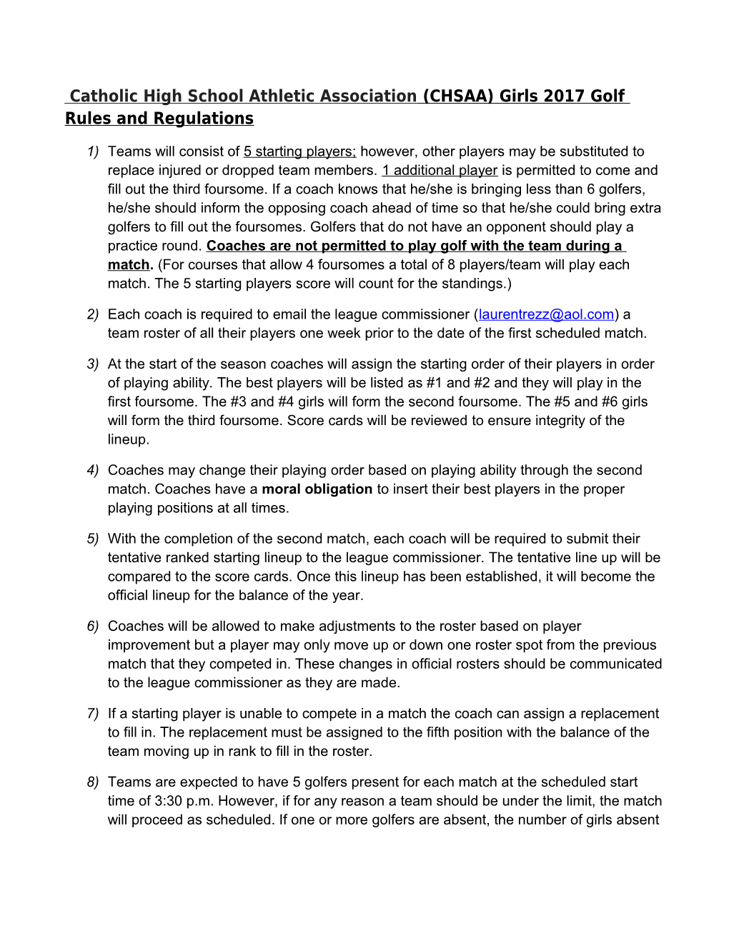 Catholic High School Athletic Association (CHSAA) Girls 2017 Golf Rules and Regulations