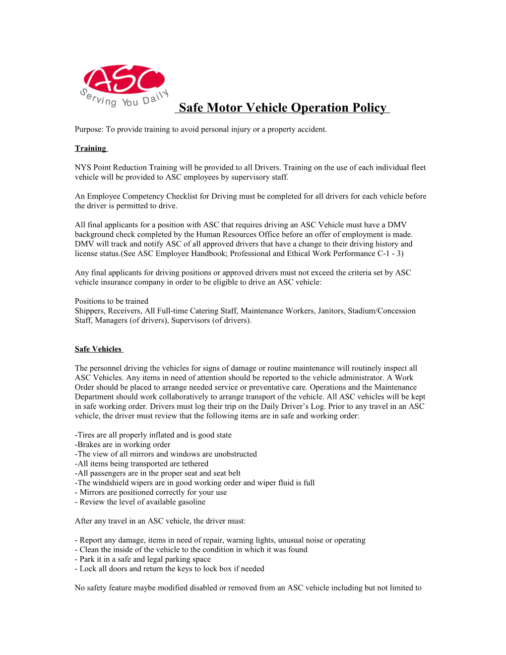 Safe Motor Vehicle Operation Policy