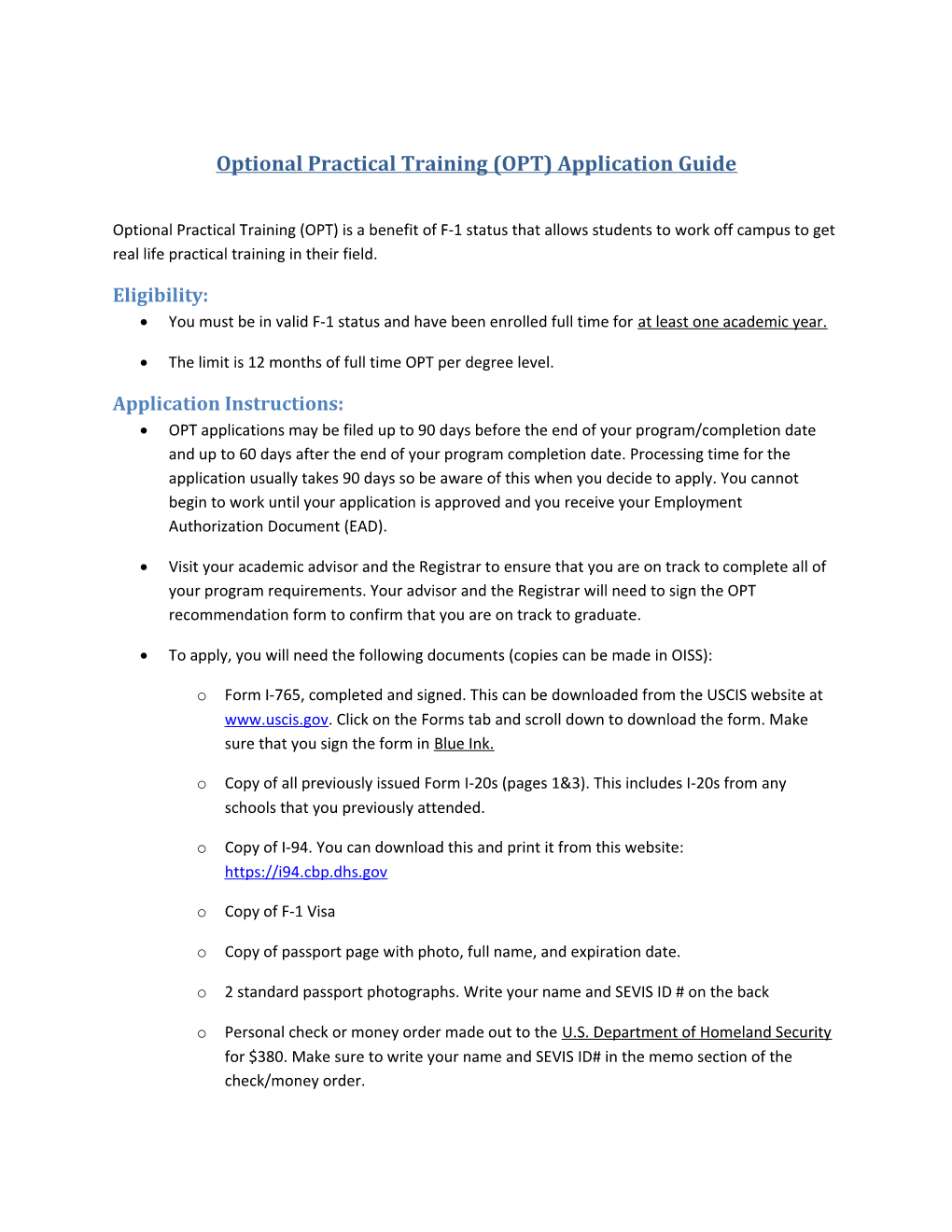 Optional Practical Training (OPT) Application Guide