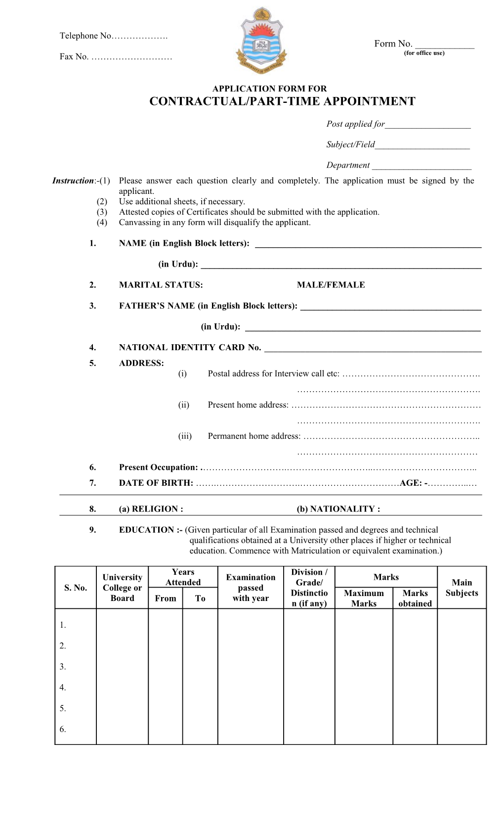 Application Form for Contractual/Part-Time Appointment