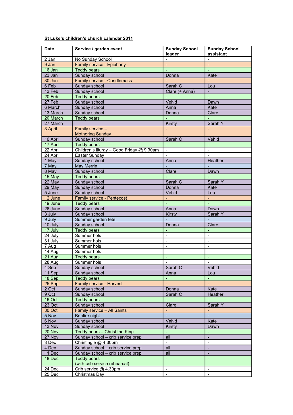 St Luke S Children S Church Calendar 2011