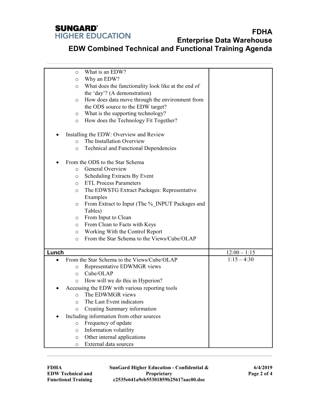 EDW Combined Technical and Functional Training Agenda