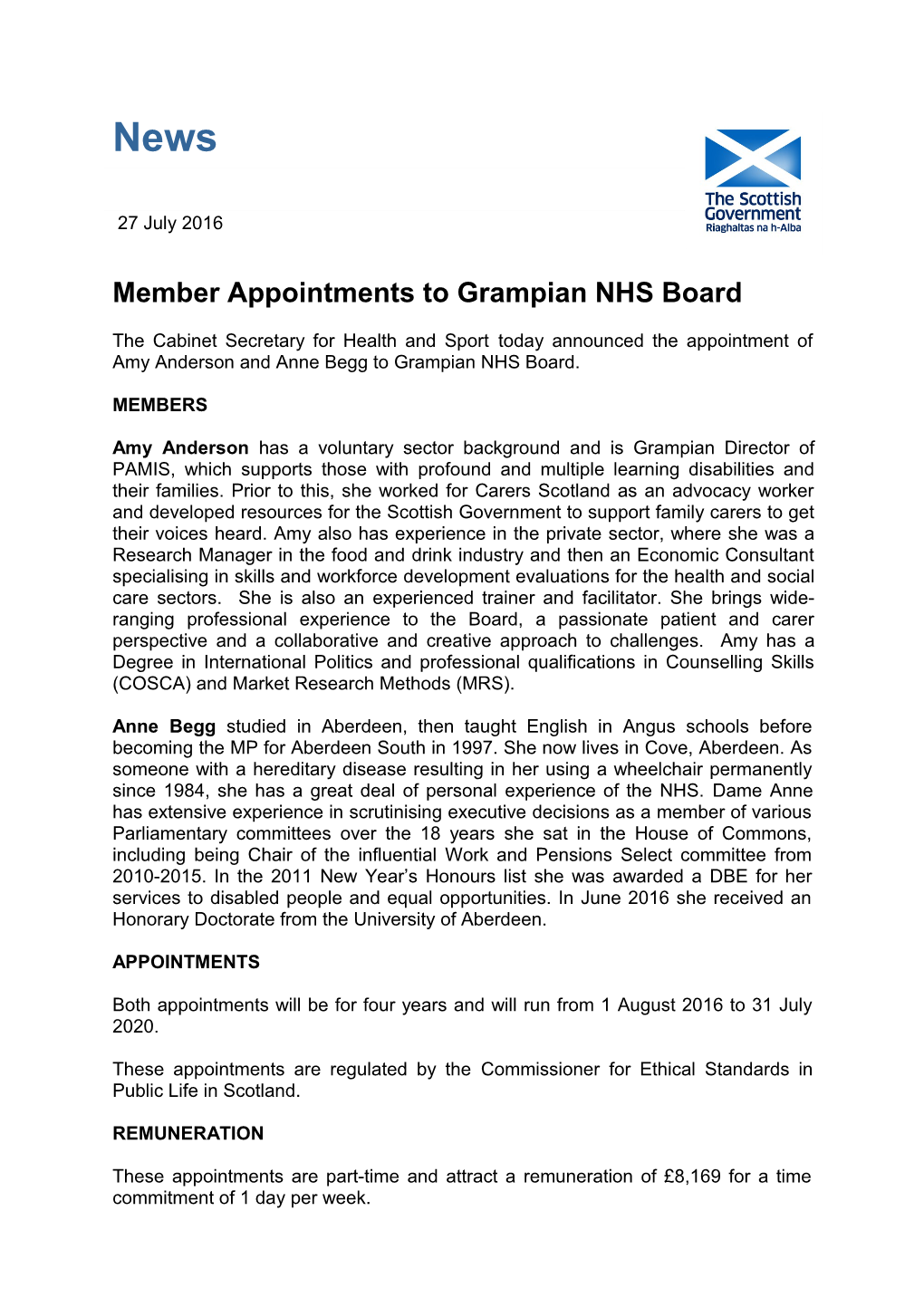 Memberappointments to Grampian Nhsboard