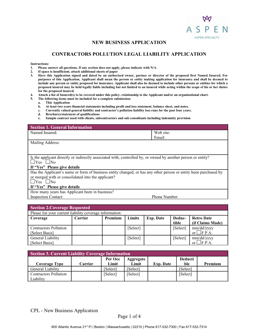 Contractors Pollution Legal Liability Application