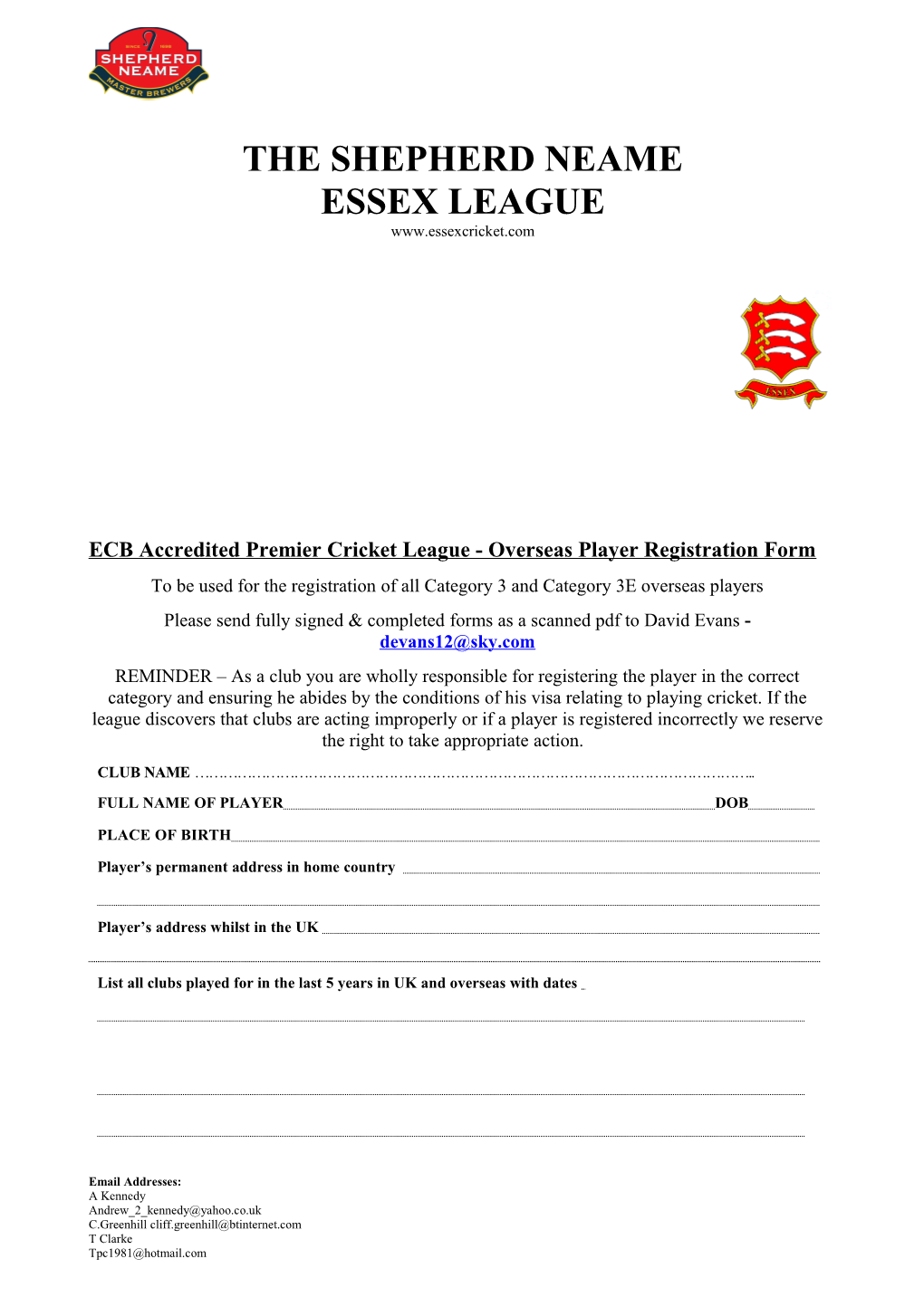 ECB Accredited Premier Cricket League - Overseas Player Registration Form