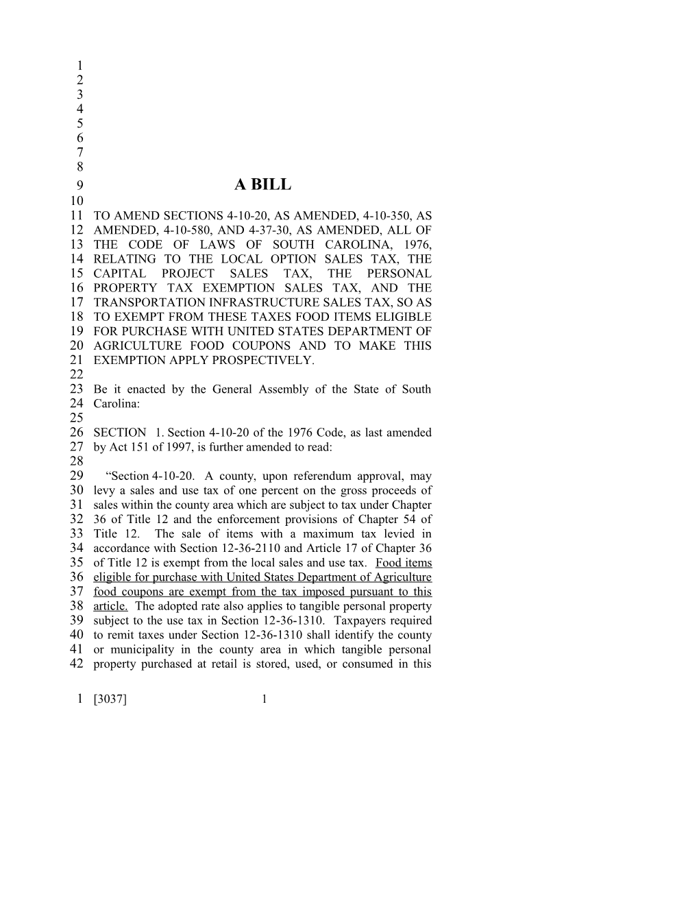 2005-2006 Bill 3037: Food Sales Tax Exemption - South Carolina Legislature Online