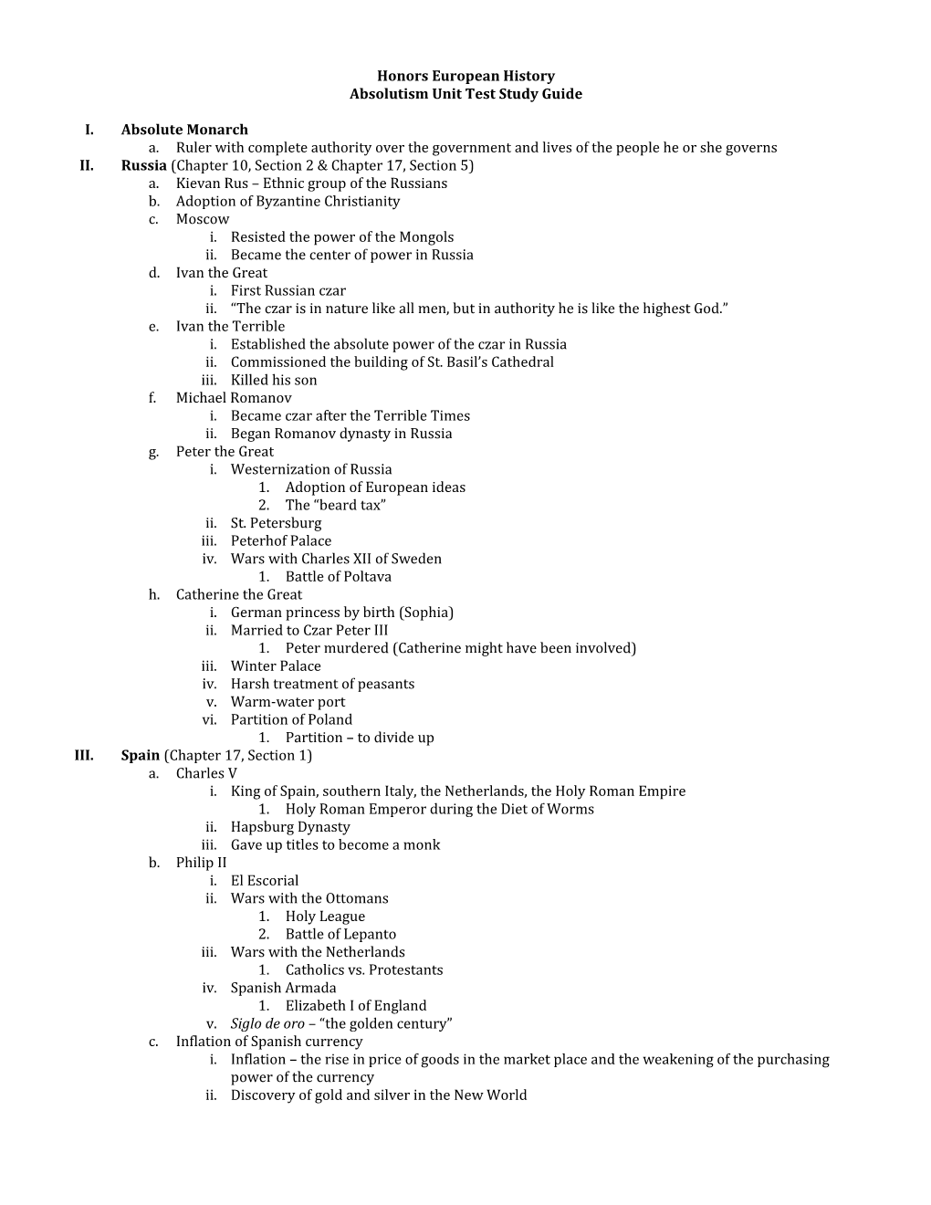 Absolutism Unit Test Study Guide