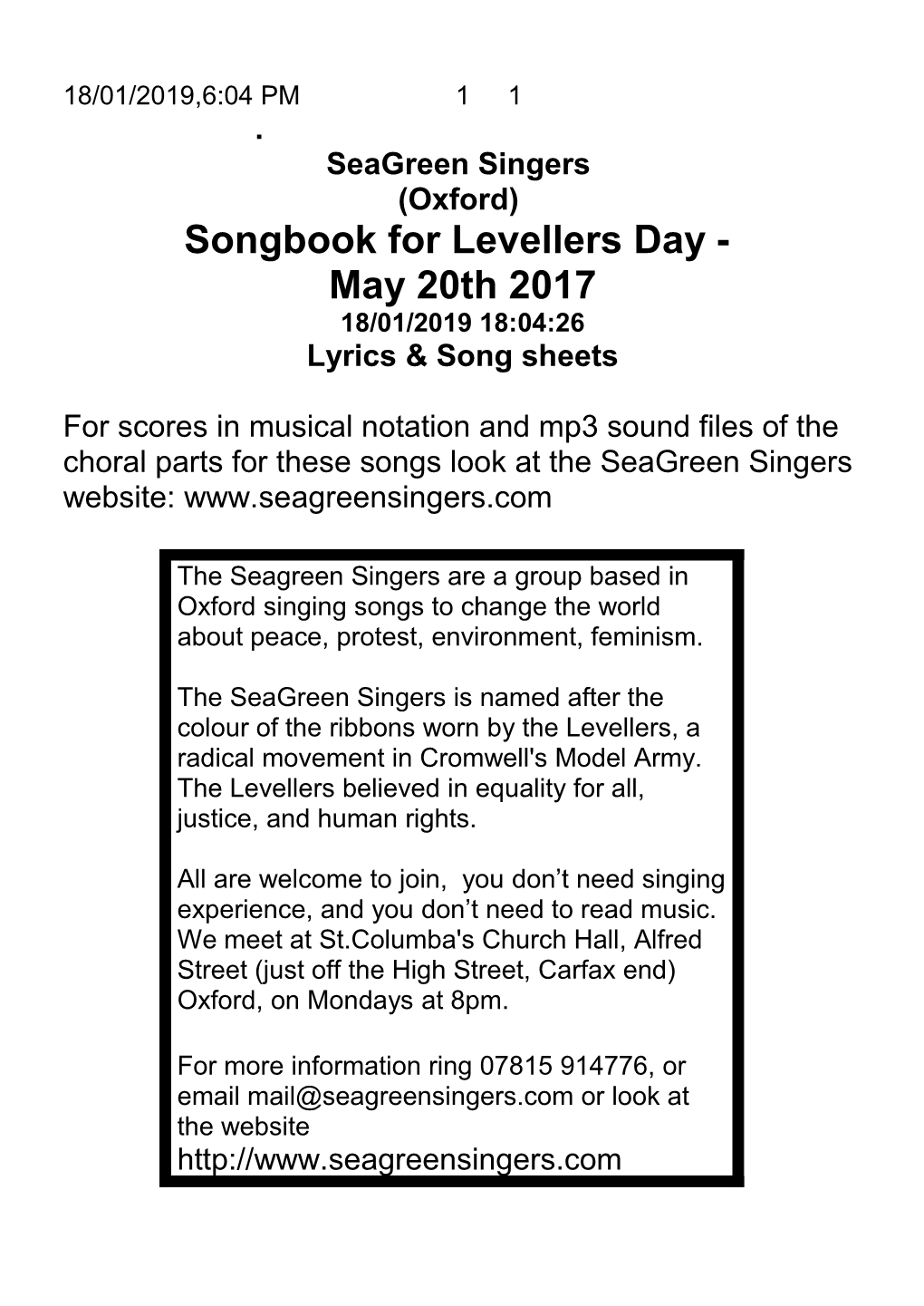 Seagreen Singers (Oxford) Lyrics & Song Sheets
