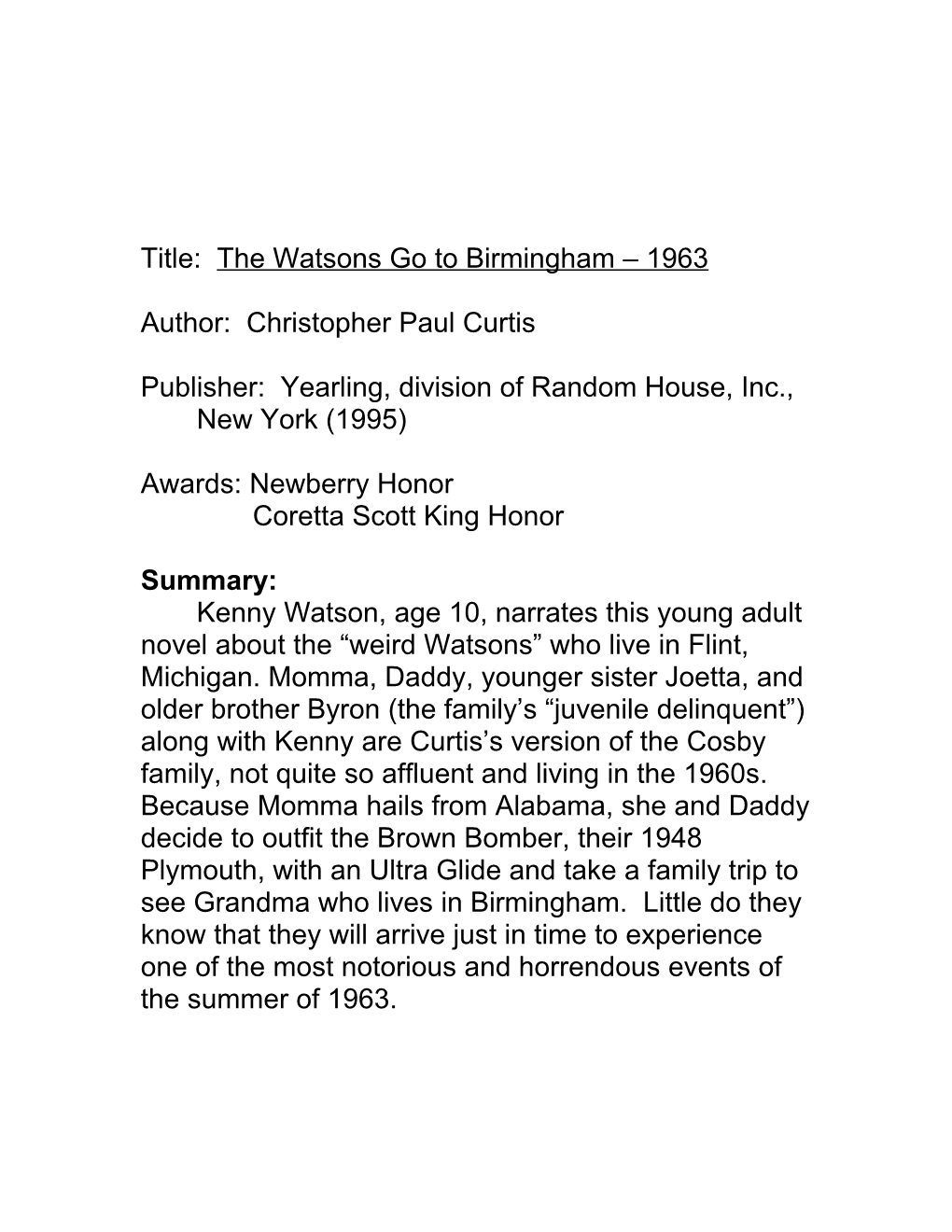 Title: the Watsons Go to Birmingham 1963