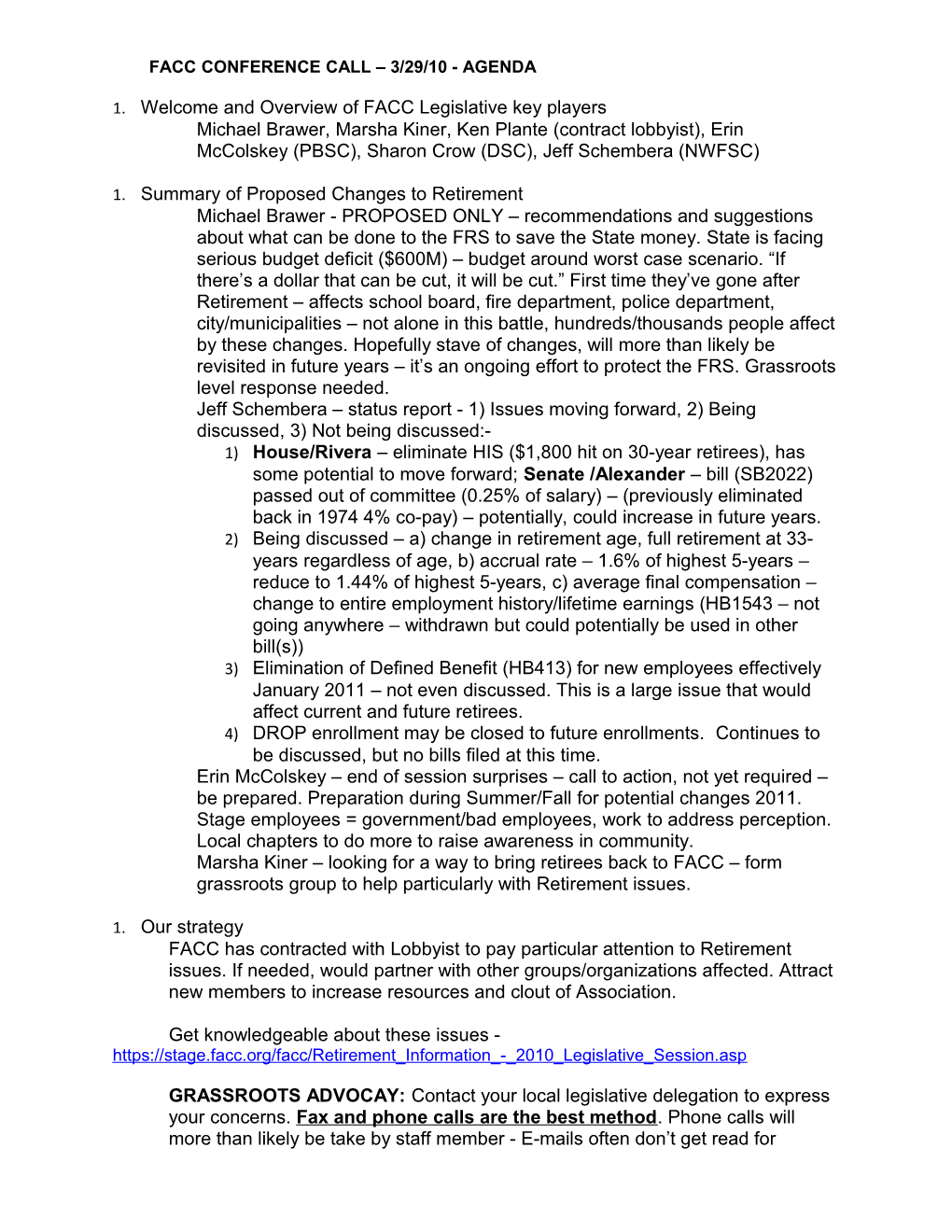 Facc Conference Call 3/29/10 - Agenda