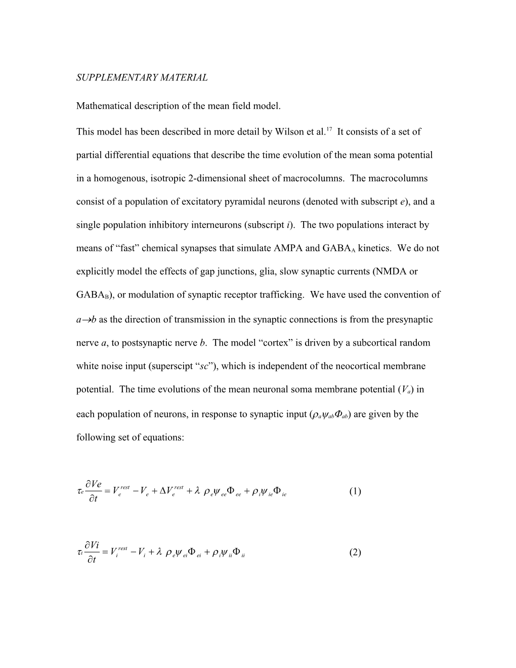 Mathematical Description of the Mean Field Model