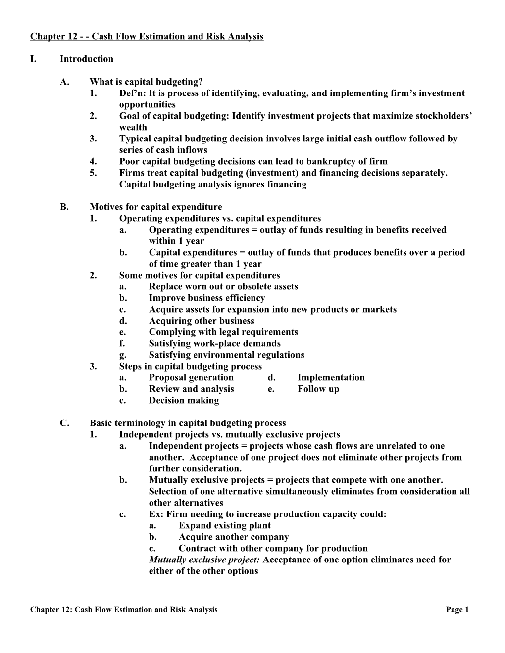 Chapter 10 - - Capital Budgeting: Cash Flow Principles