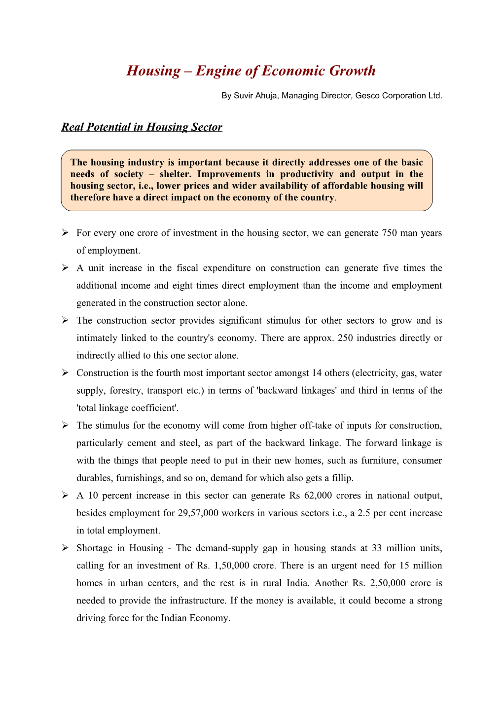 Housing Engine of Economic Growth