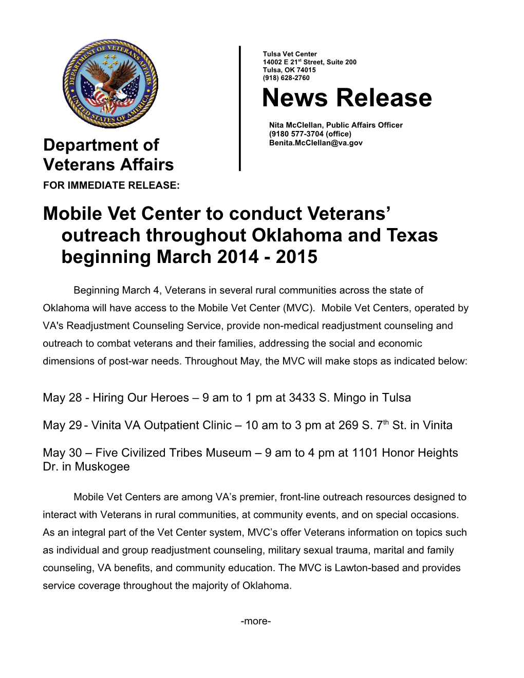 Mobile Vet Center to Conduct Veterans Outreach Throughout Oklahoma and Texas Beginning