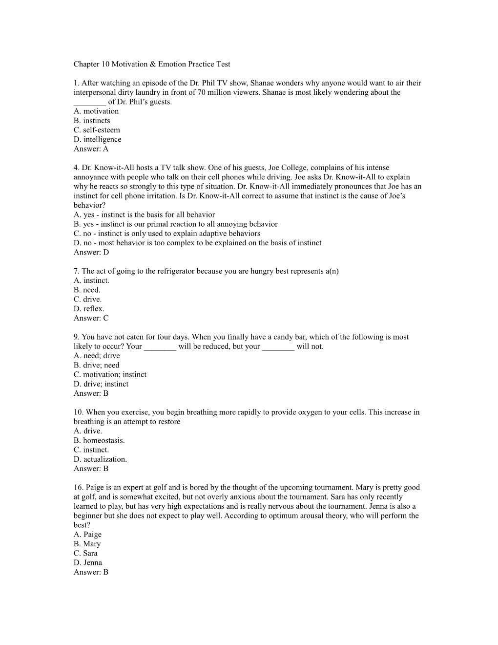 Chapter 10 Motivation & Emotion Practice Test