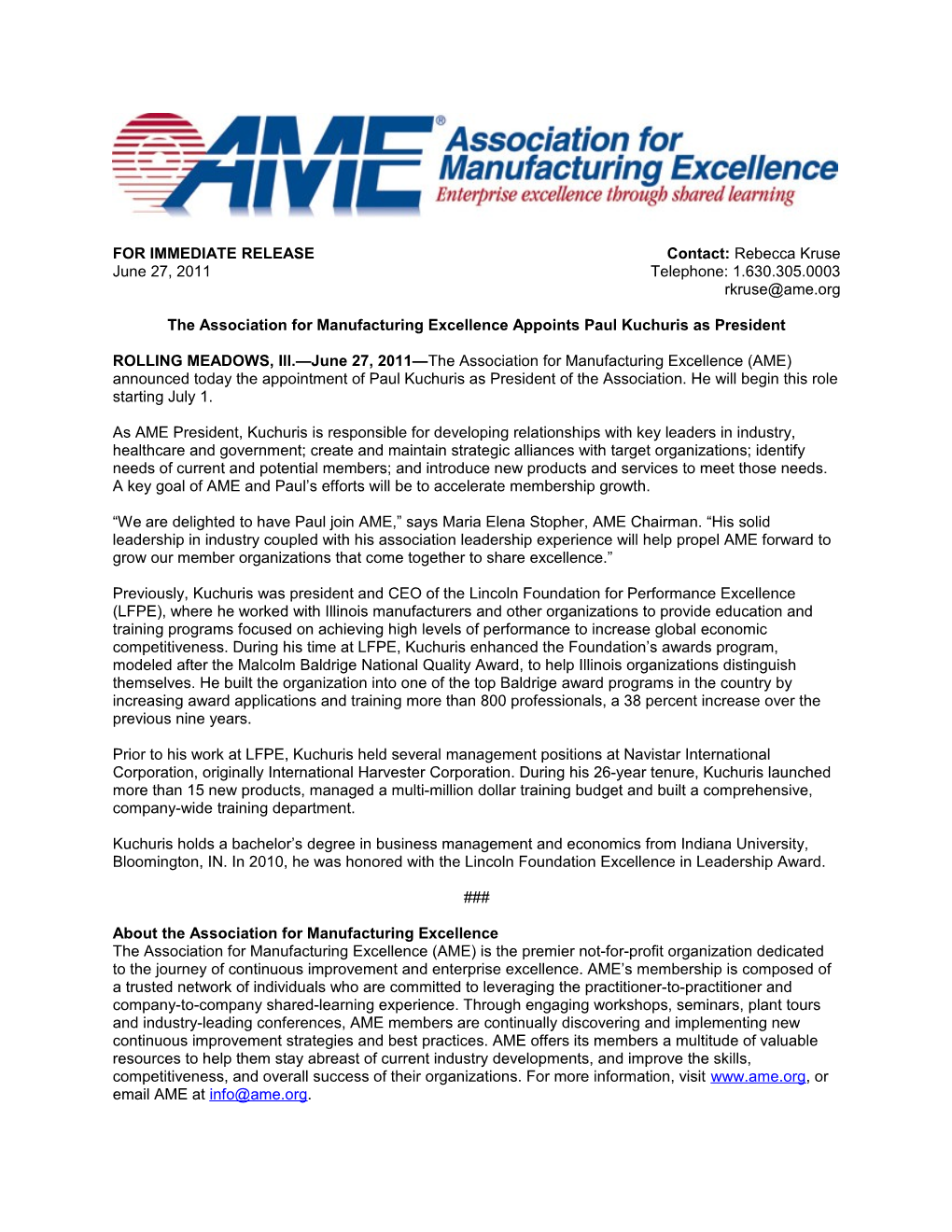 The Association for Manufacturing Excellence Appoints Paul Kuchuris As President