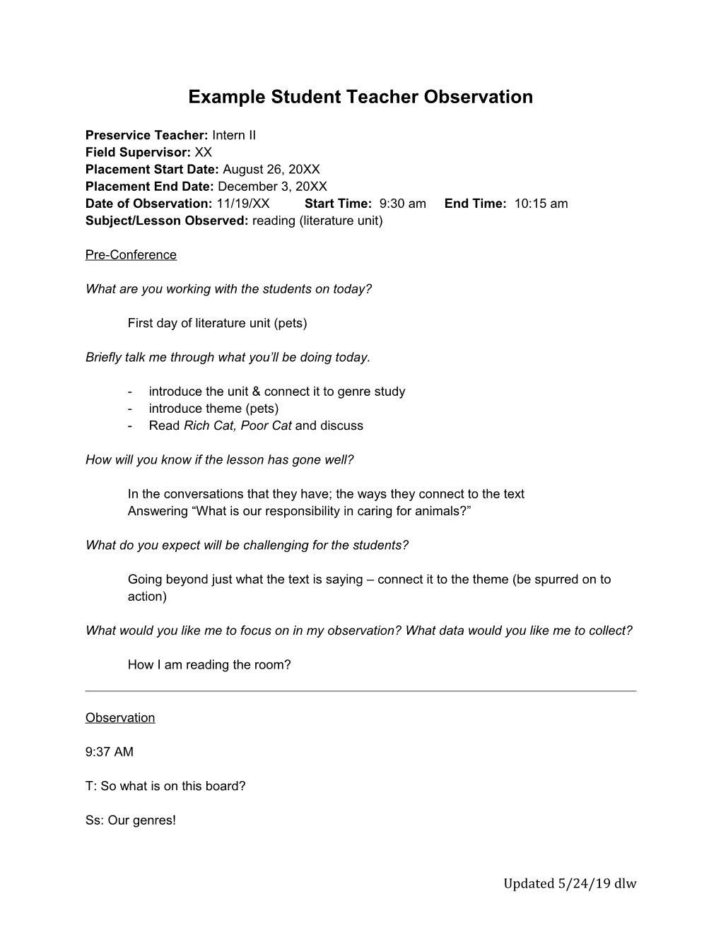 Direct Teach Observation Form