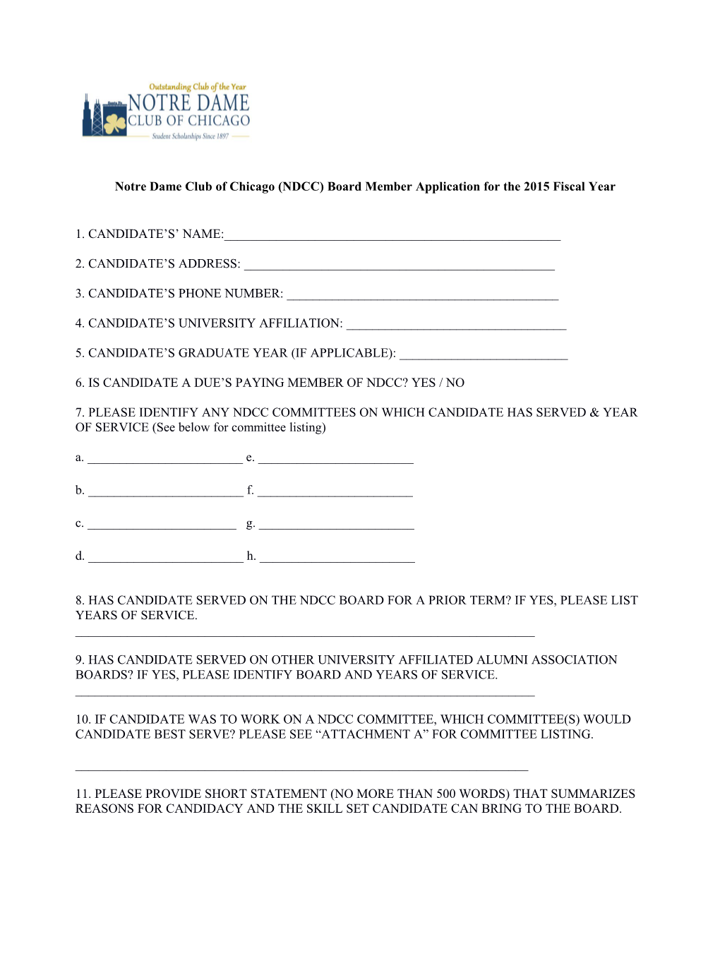 Notre Dame Club of Chicago (NDCC) Board Member Application for the 2015 Fiscal Year