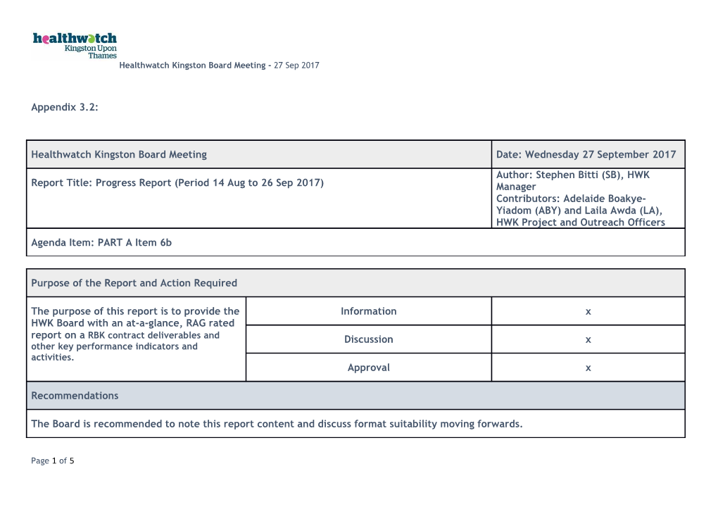 Healthwatch Kingston Board Meeting - 27 Sep 2017