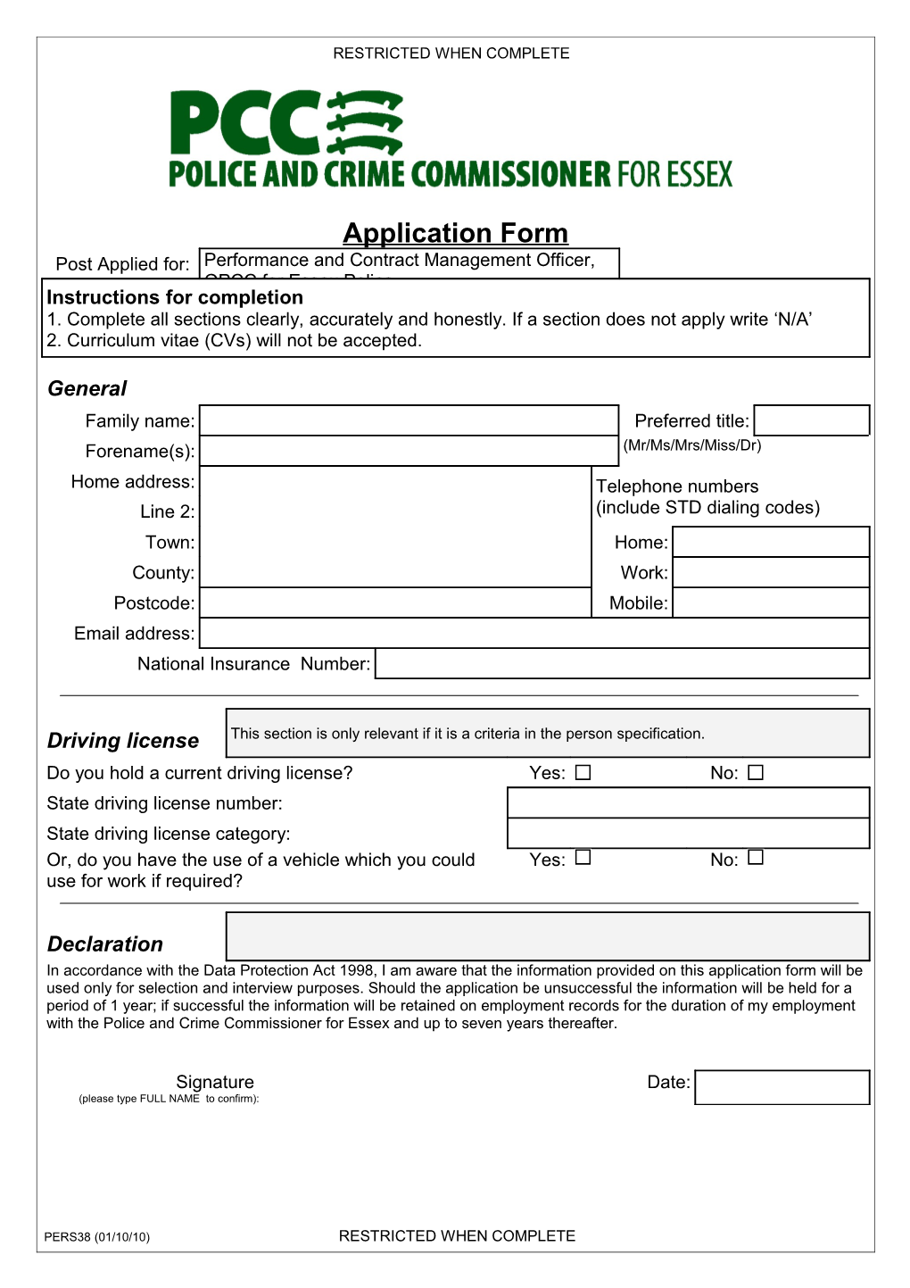 Essex Police Staff Application Form