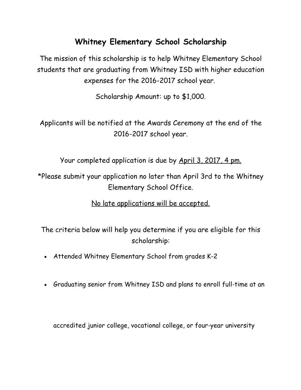 Whitney Elementary School Scholarship