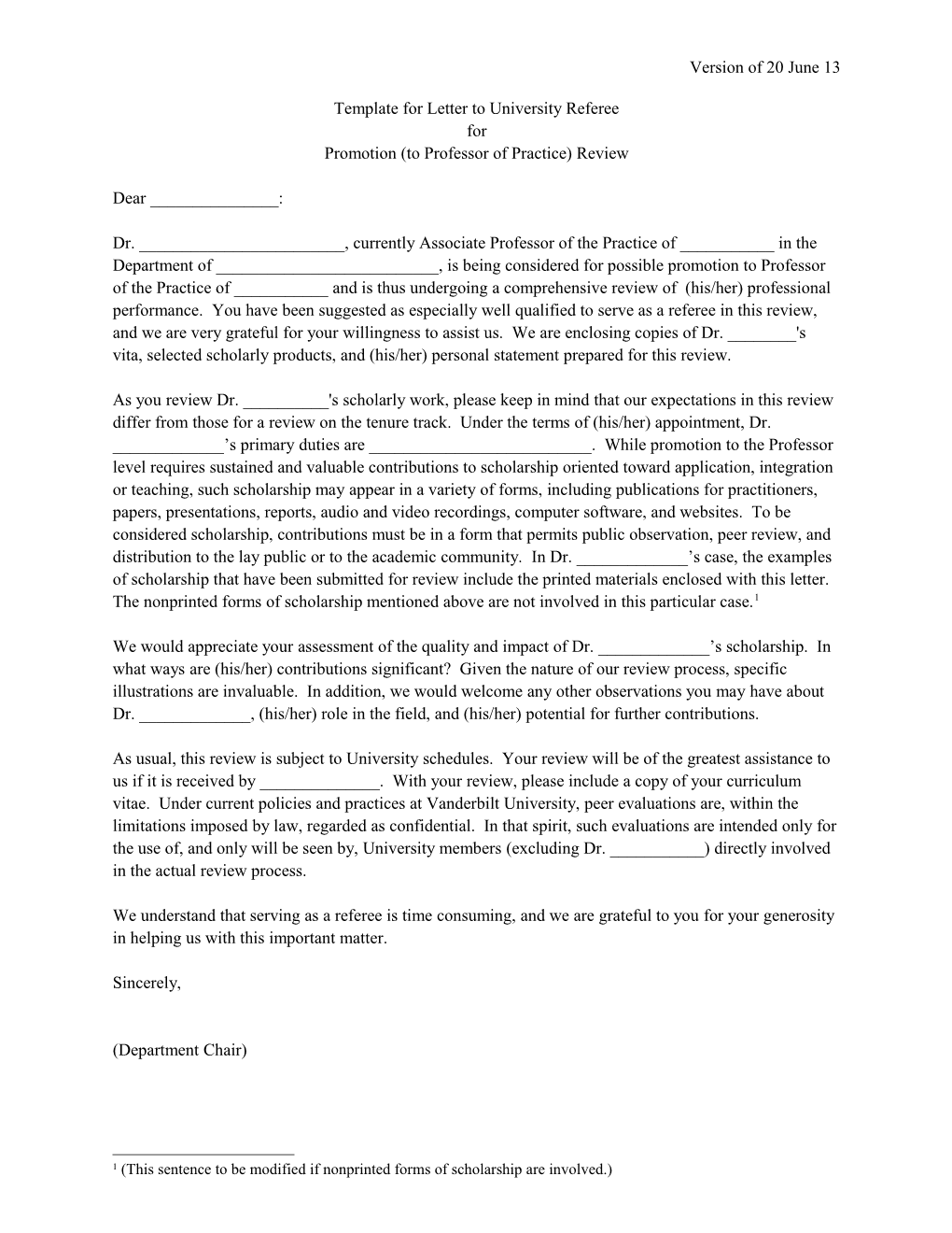 General Form of Letter to Faculty Referee