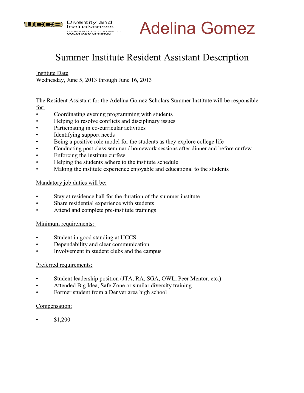 Summer Institute Resident Assistant Description
