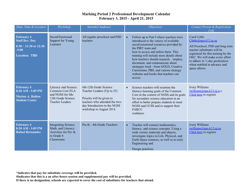 Marking Period 2 Professional Development Calendar