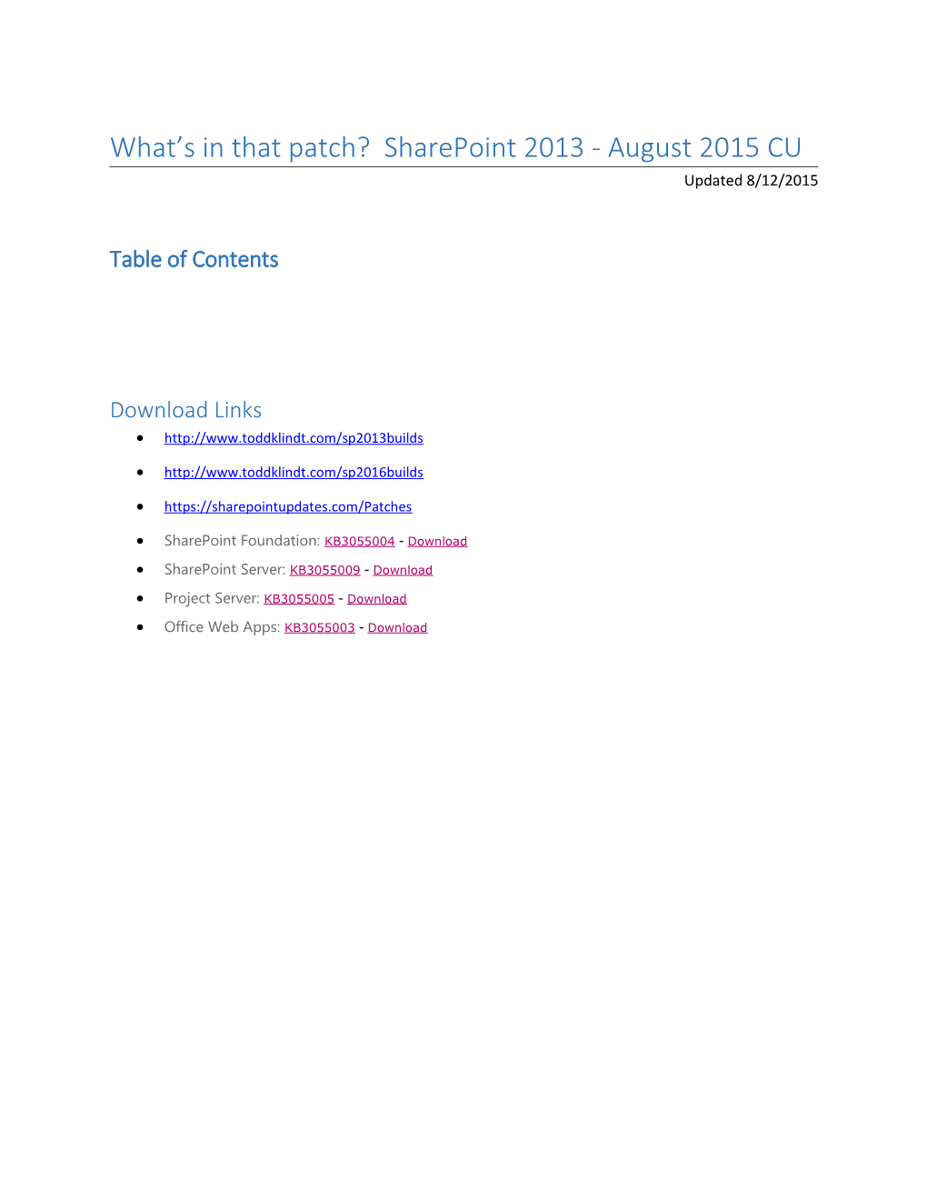 What S in That Patch? Sharepoint 2013 - August 2015 CU