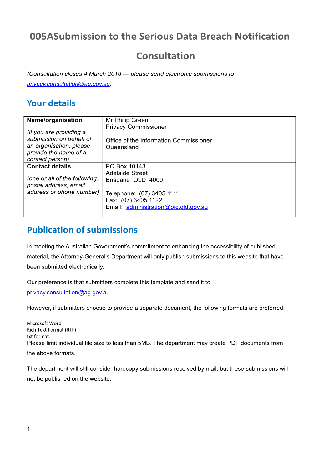 Serious Data Breach Notification Submission - Office of the Information Commissioner Queensland