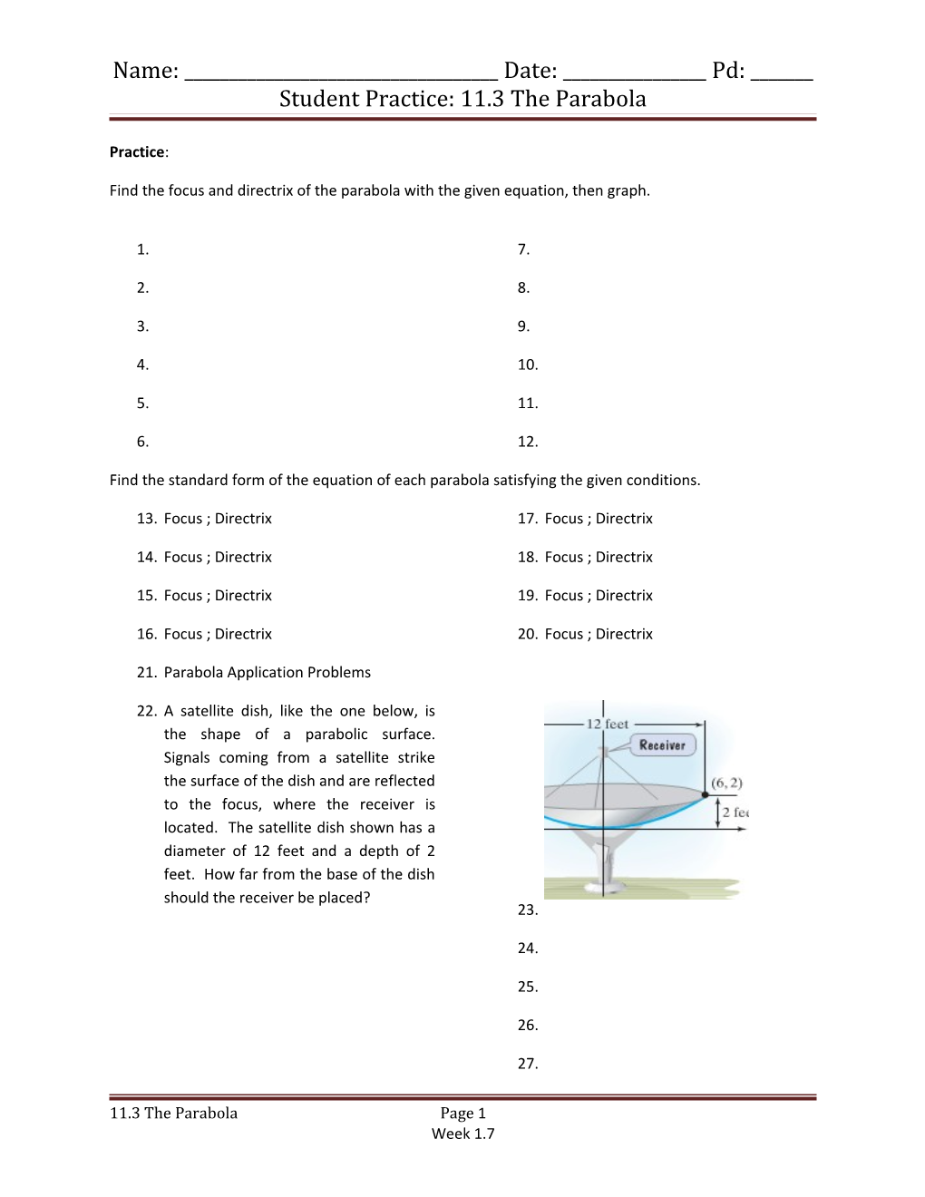 Student Practice: 11.3 the Parabola