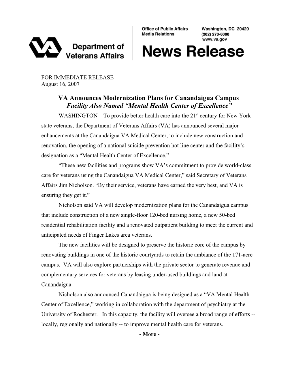 VA Announces Modernization Plans Forcanandaigua Campus