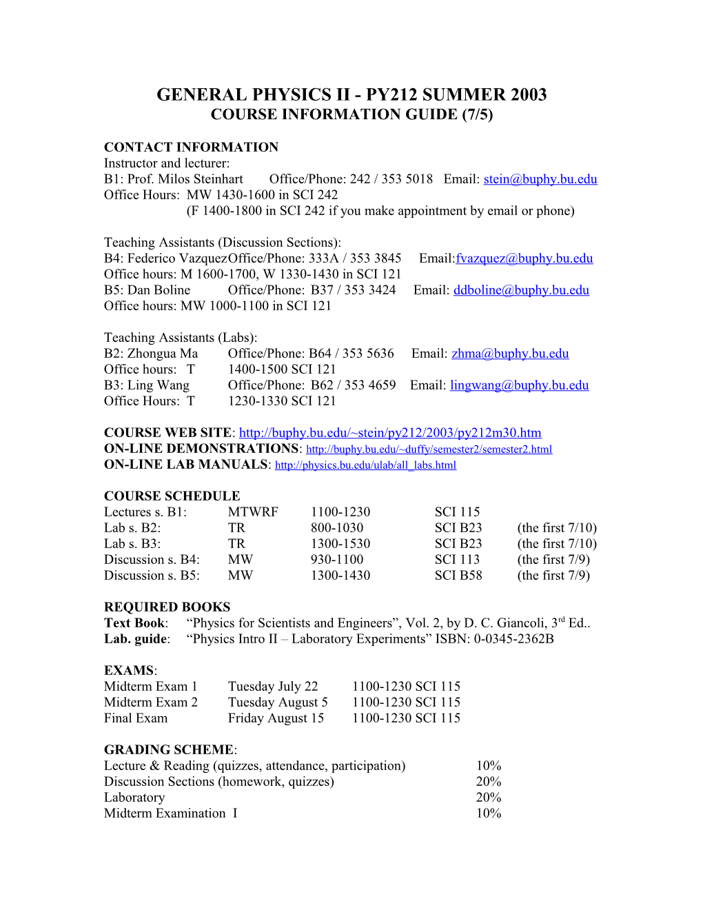 General Physics Ii - Py212 Summer 2002