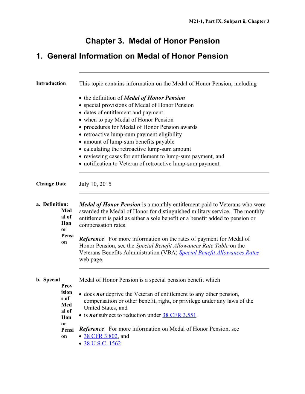 M21-1MR, Part 9, Subpartii, Chapter 1, Section E. Medal of Honor Pension