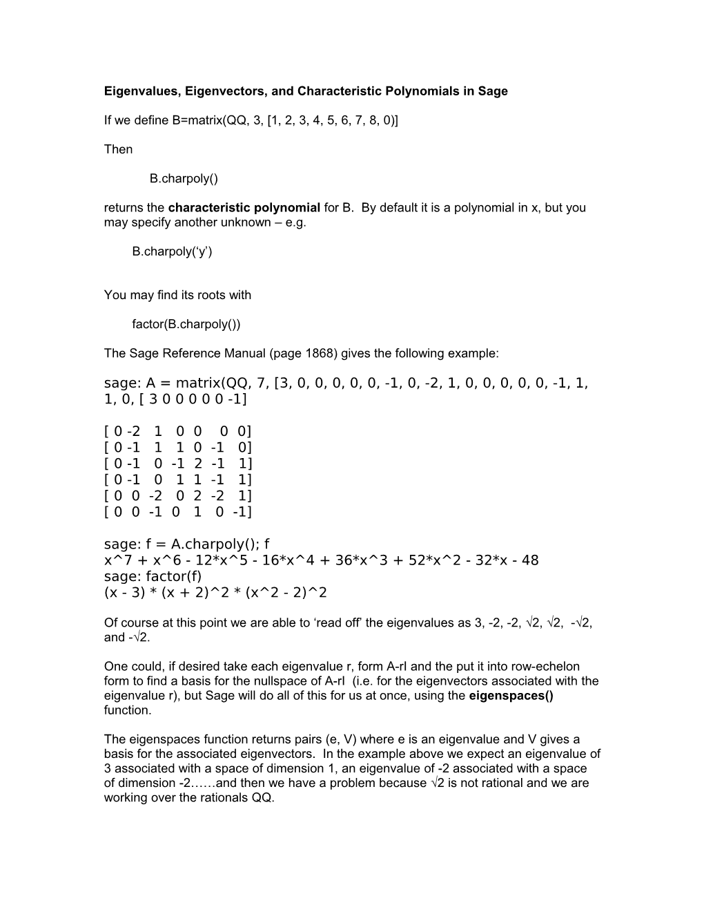 Eigenvalues, Eigenvectors, and Characteristic Polynomials in Sage