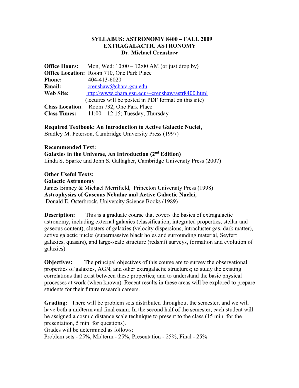 Syllabus: Astronomy 1010 Fall 2001