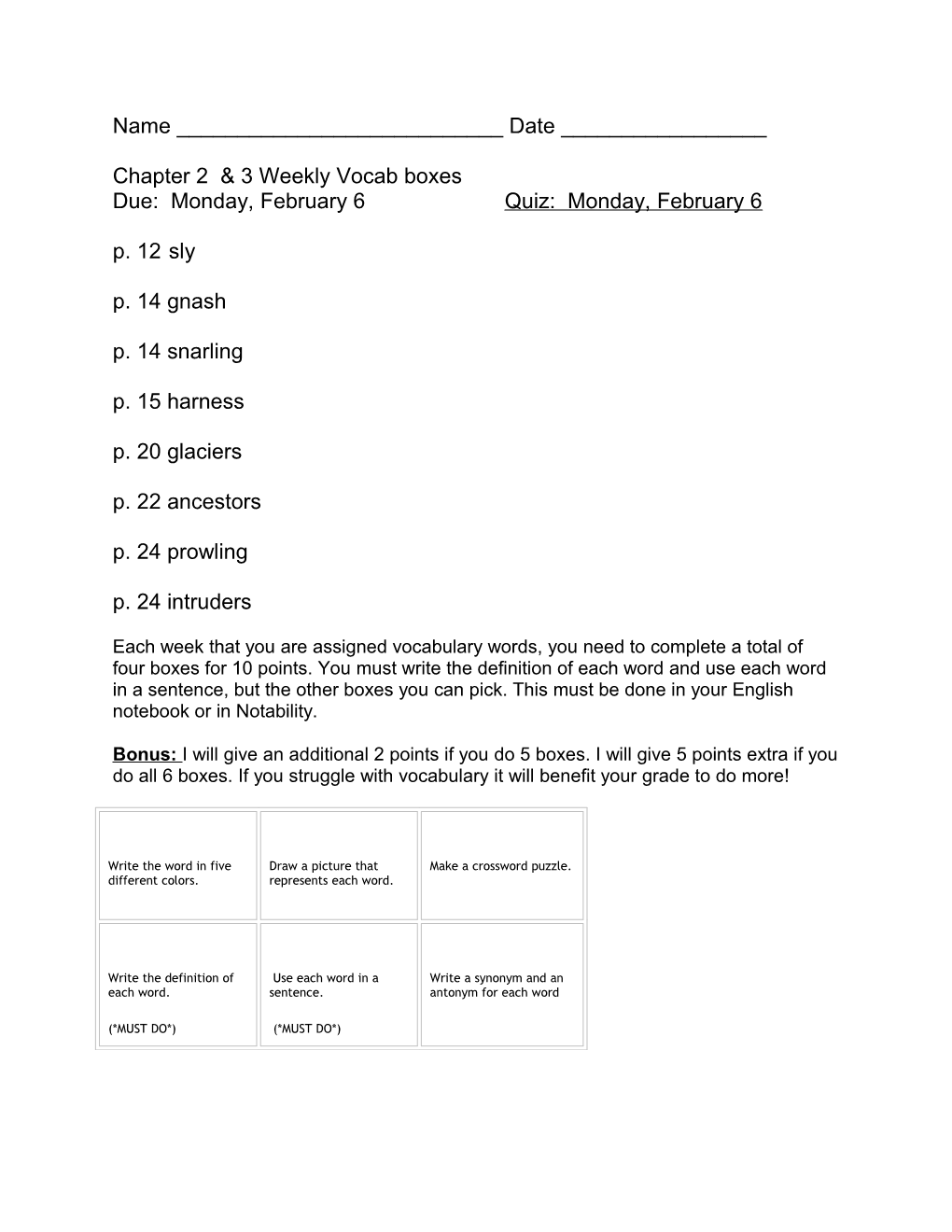 Chapter 2 & 3 Weekly Vocab Boxes