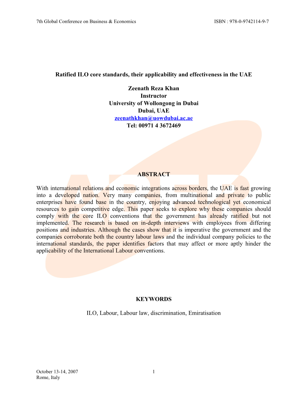 Ratified ILO Core Standards, Their Applicability and Effectiveness in the UAE