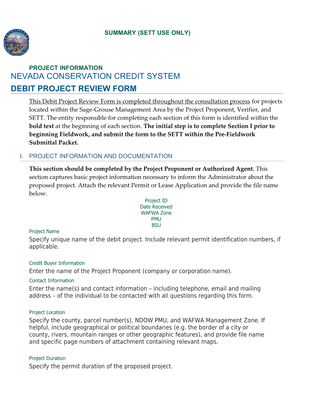 Nevada Conservation Credit System Debit Project Review Formpage 1