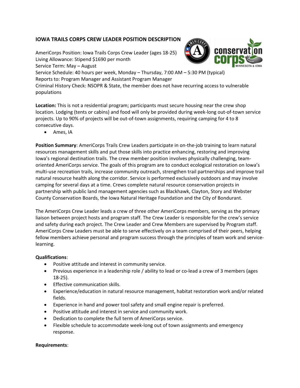 Americorps Position: Iowa Trails Corps Crew Leader (Ages 18-25)